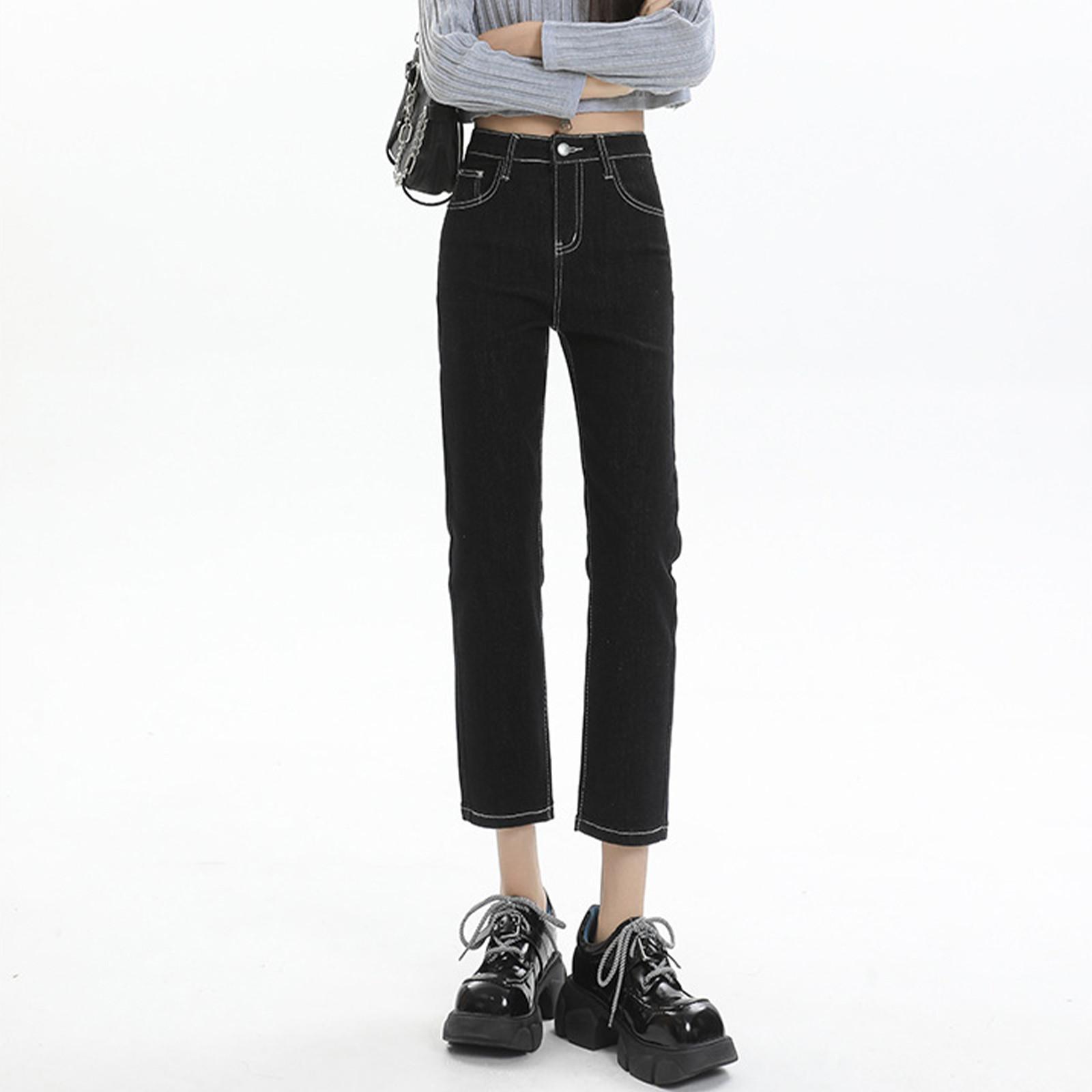 

Женская мода стрейч с высокой талией свободные джинсы с высокой талией прямые карманы широкие джинсы XL чёрный