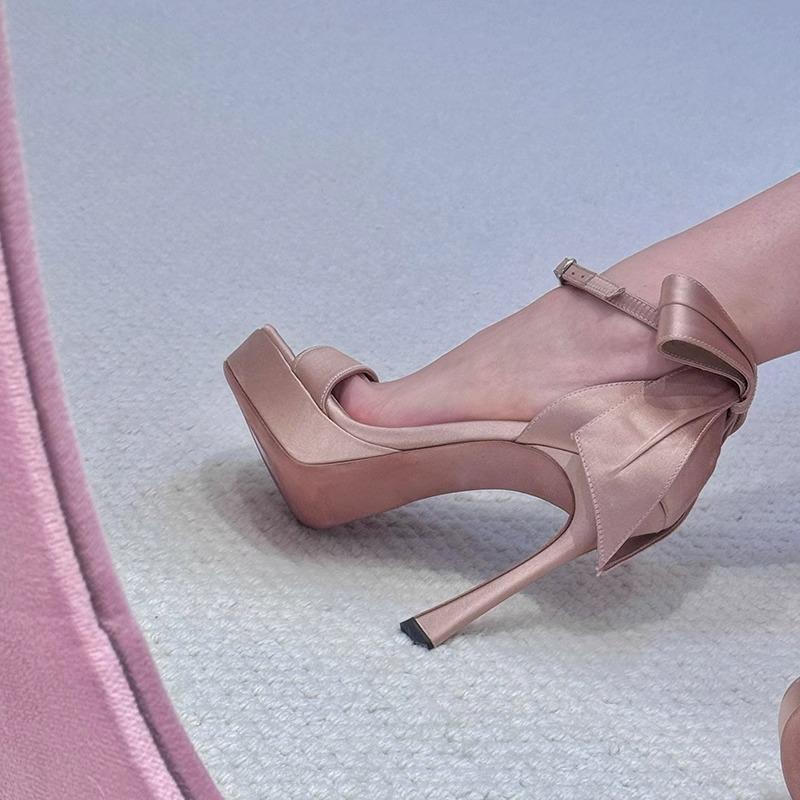 Lolita Ballett Bankett Ein-Wort Schnallensandalen Französisch Wasserdicht Tisch Champagner Schleife Stiletto Hohe Absätze Frauen