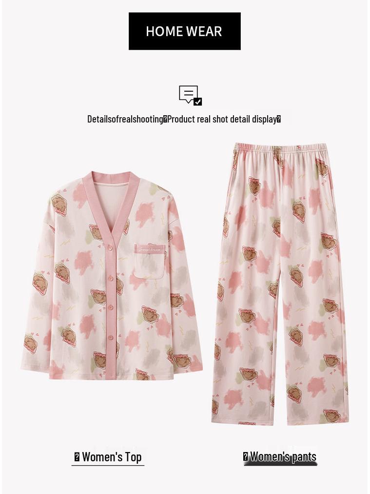 Damen Pyjama-Cardigan-Set aus reiner Baumwolle mit langen Ärmeln - Niedlich und locker für Frühling und Herbst
