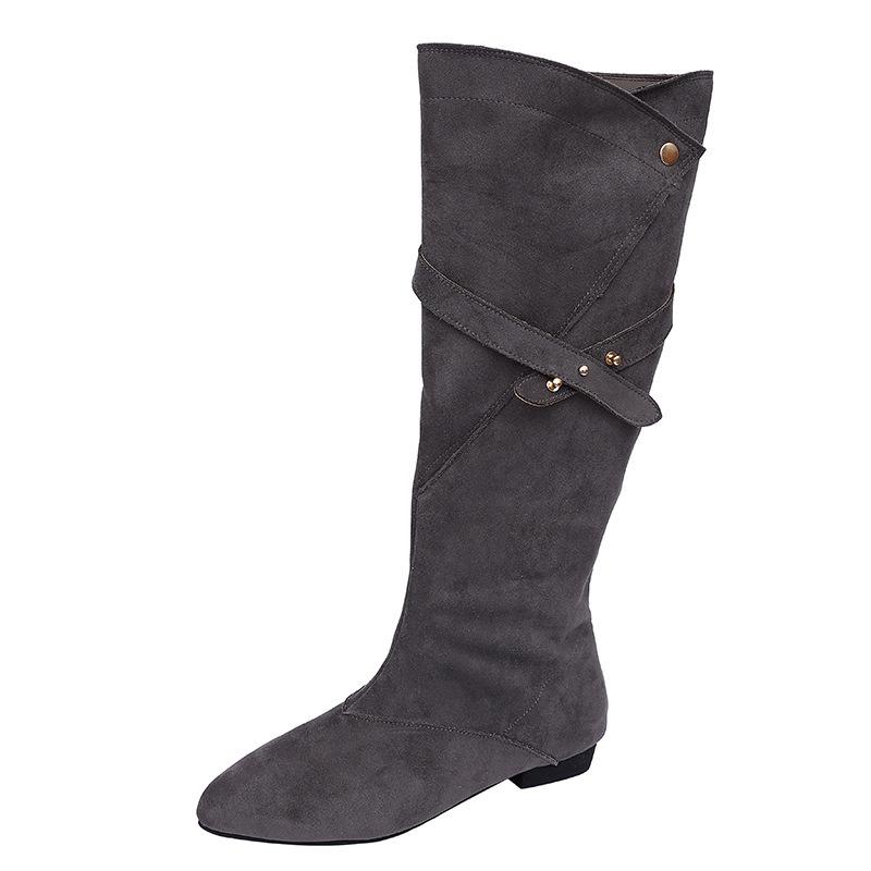 Belt buckle boots knee new temperament is not too low, thin boots women's fashion big tube circumference autumn heel pointed