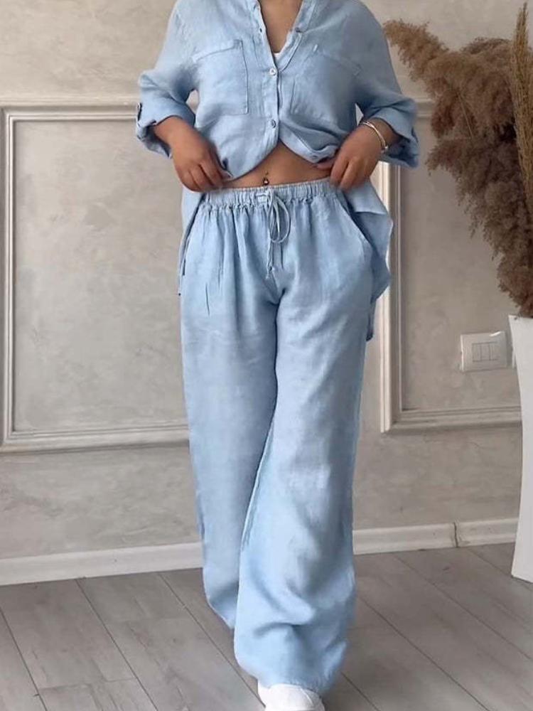 

Повседневный комплект из хлопка и льна однотонной рубашки и широких брюк на кулиске 4XL небесно-голубой