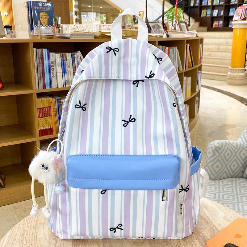 Campus school bag female Korean version striped computer backpack junior high school student cute bow student class backpack tide single bag фиолетовый