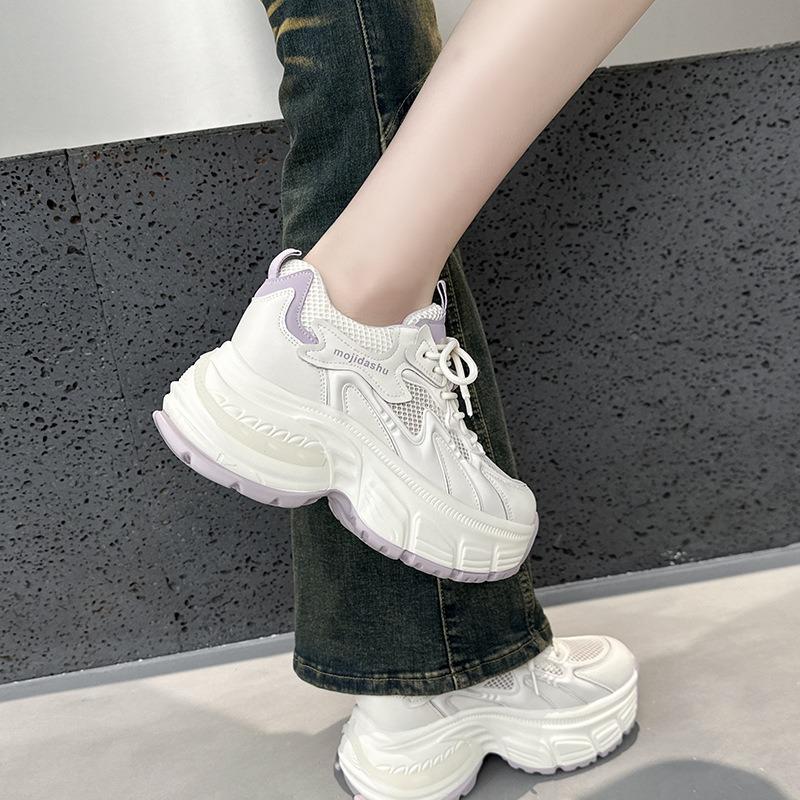 Summer New Mesh Inner Height Increase Leather Dad Shoes Women's Casual Versatile Thick-soled Thin Women's Shoes
