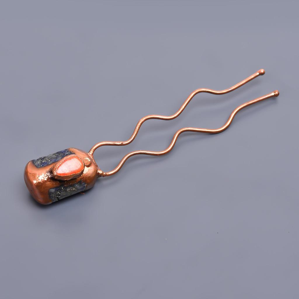 Sapphire & Coral Ethnic Handmade Bun Stick 3.6 Inch Electroformed Hair Pin / Electroplated Copper Gold Filled Hair Pin Gift For Mother Wife