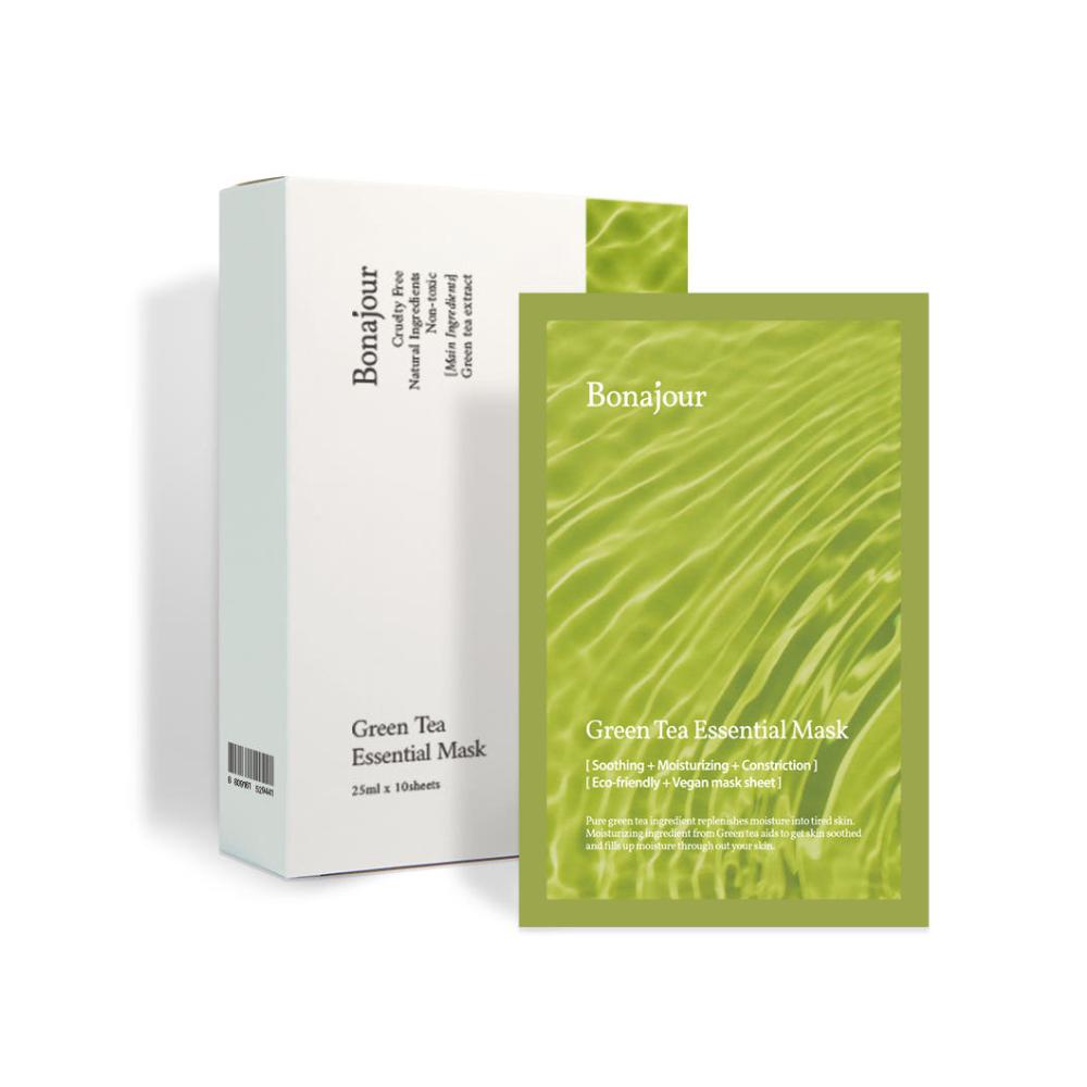 Bonajour Vegan Green Tea Essential Mask Sheet 1pc / 10pcs Calming Hydrating Facial Sheet Mask K-Beauty