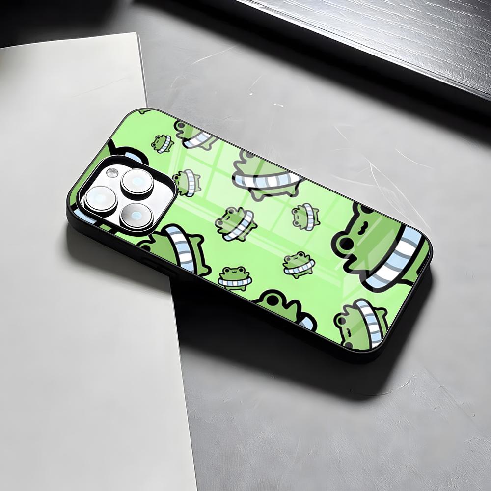 Cute Green Frog Phone Case For IPhone 17 Pro Max 15 Pro 16 14 Plus 12 13 Mini 11 Pro Shockproof Glass Cover