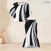 Women Plus Size Two Piece Set Round Neck Batwing Sleeve Black White Printed Ruffle Hem Top Fishtail Skirt