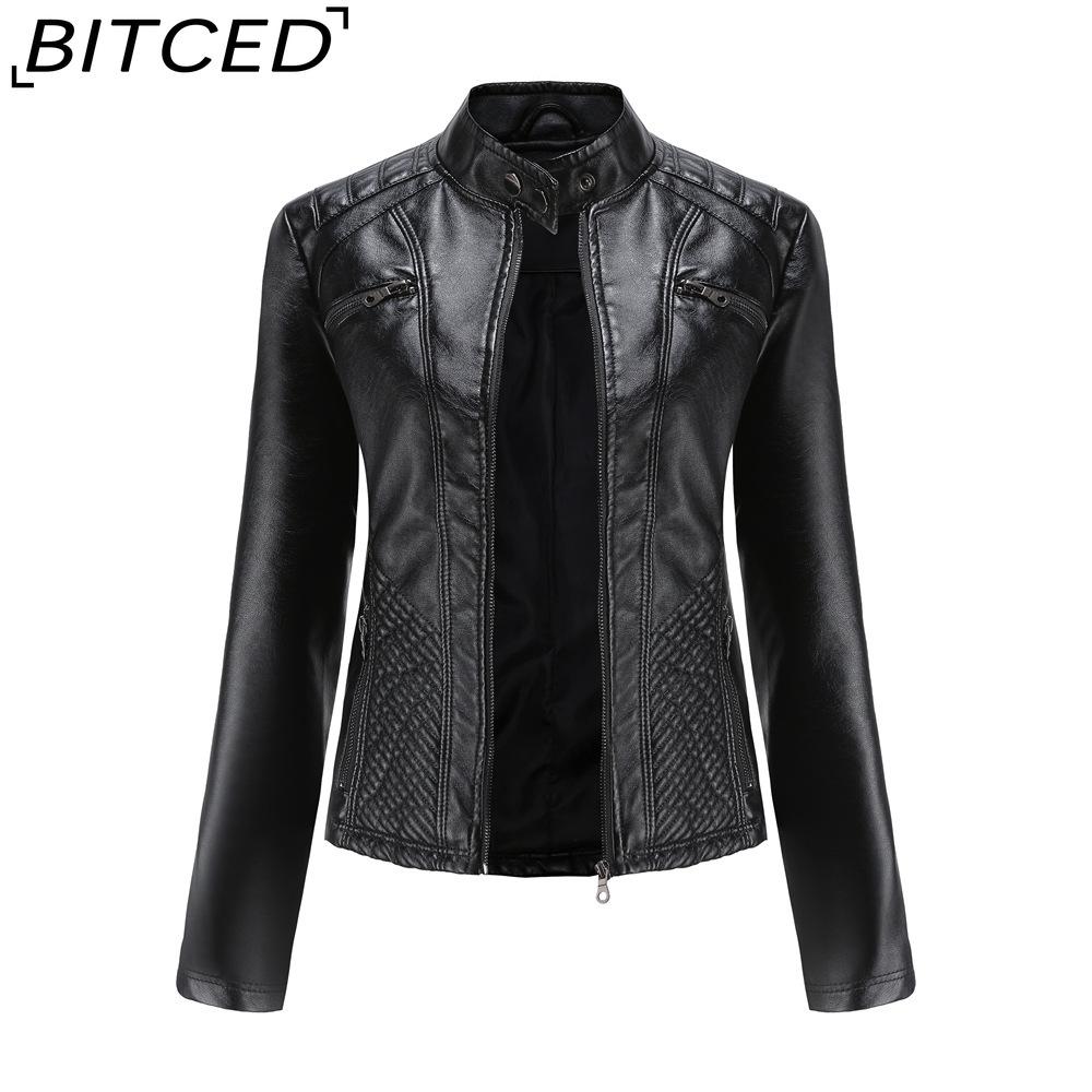 

BITCED Women s Casual Leather Jacket Stand-up Collar Slim-Fit Outerwear Spring/Autumn Solid-Colour Leather Jacket S чёрный