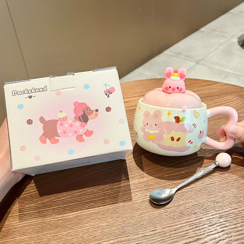 Apple Puppy Water Cup Super Beautiful Rabbit Ceramic Cup with Lid Spoon Couple Mug for Girls' Birthday Gift