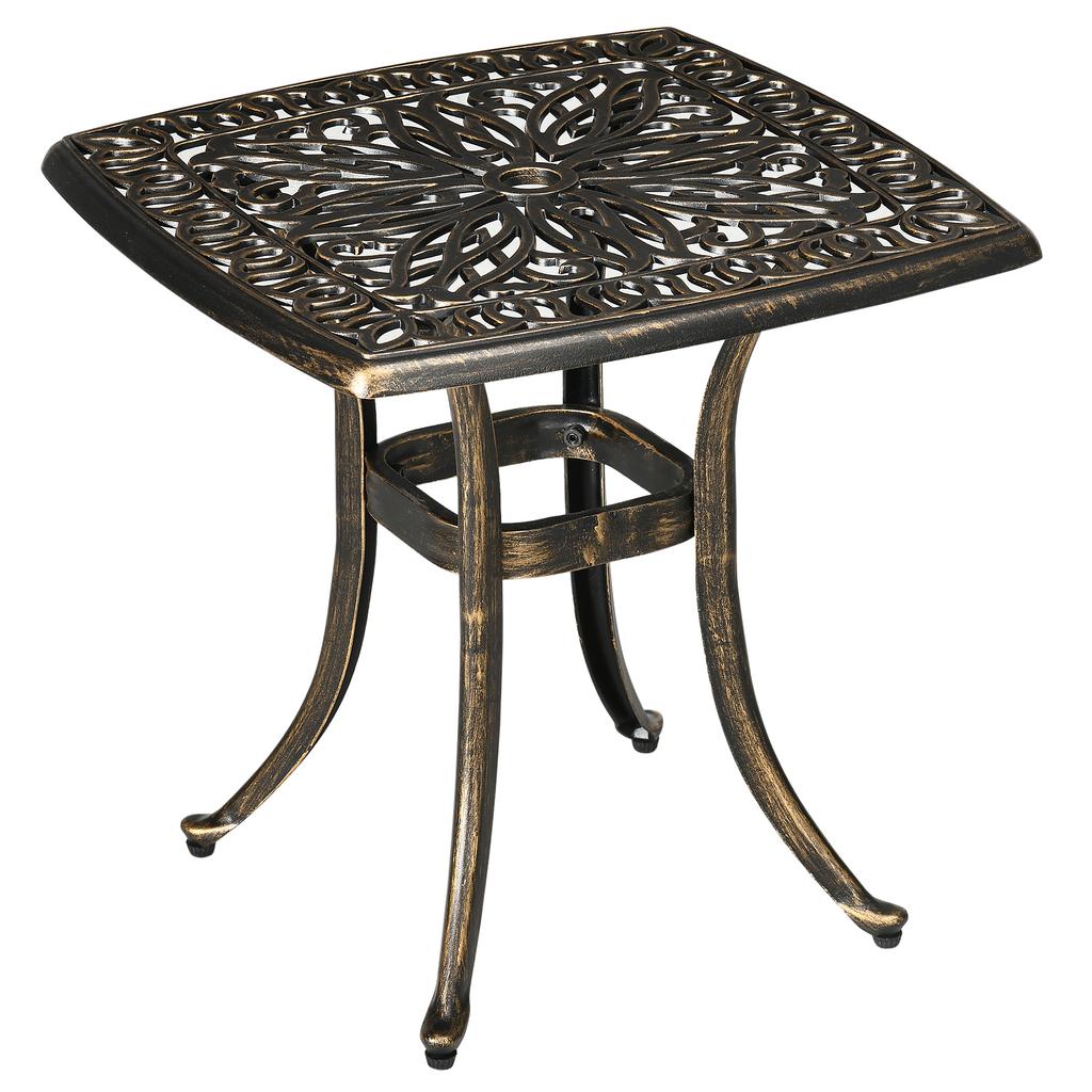 Zewnętrzny Stolik Boczny na Taras z Średnicą 38 mm. Otwór na parasol, Patio stolik kawowy z odlewanego aluminium, 54 x 54cm, Odcień brązu