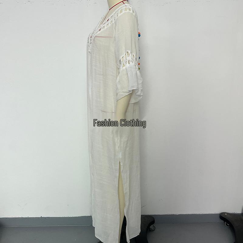 Womens American Crossborder European Handcrocheted Patchwork Ball Loose Beach Coverup Dress Sexy Backless Hollow Design