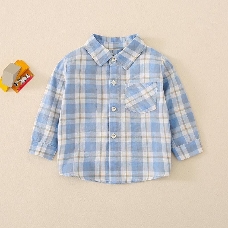 Kids  Plaid Long Sleeve Cotton Shirt with Turn-Down Collar - Stylish Korean Design for Boys 120 cm синий
