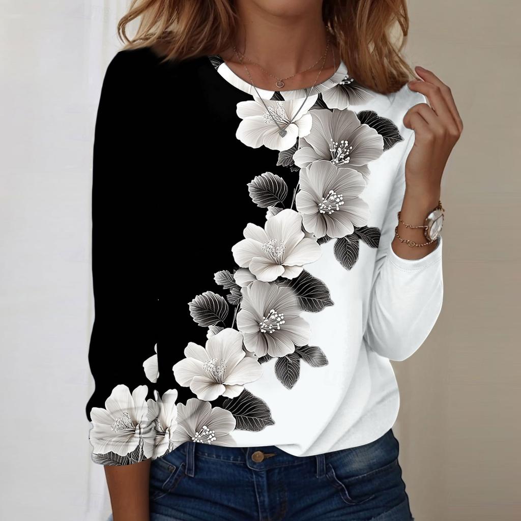 Koszule damskie z długim rękawem Śliczne nadruki Koszulki z nadrukami Bluzki Casual Plus Size Podstawowe topy Pulowery