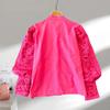 Fashion Retro Hollow Out Embroidered Lantern Sleeve Shirt Women's Tops Single Breasted Solid Loose Casual Blouses Women Elegant Round Neck Shirt 26447