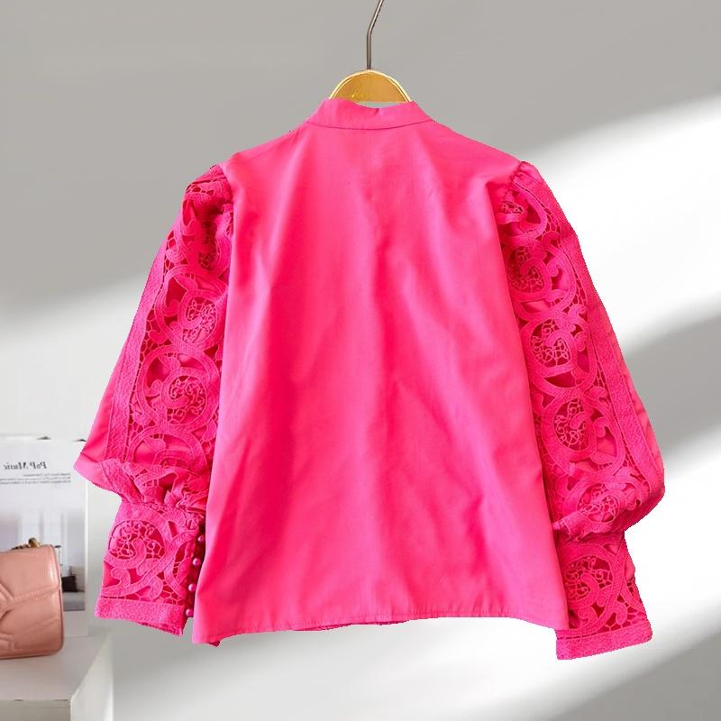 Fashion Retro Hollow Out Embroidered Lantern Sleeve Shirt Women's Tops Single Breasted Solid Loose Casual Blouses Women Elegant Round Neck Shirt 26447