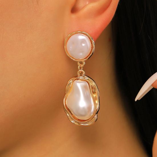 Yousheng 1 Pair Drop Earrings for Women, Irregular Baroque Imitation Pearl Design Stud Earrings, Double-Layered Pendant French Style Earrings for