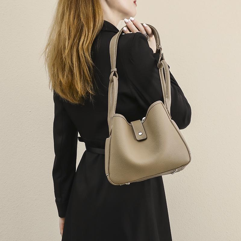 Genuine Leather Women's Soft Bucket Bag - Unique Style & Solid Color Handbag