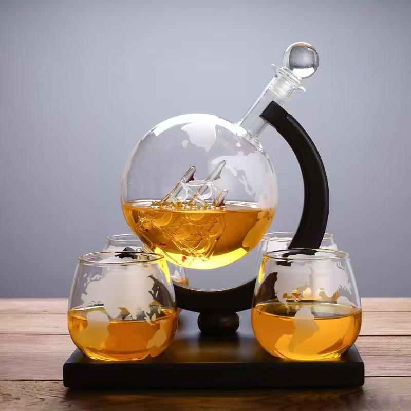 850ml Globe Decanter with Cup and Wooden Stand - Transparent Whiskey Bottle, New Model