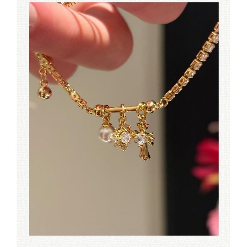 Adjustable Zirconia-Inlaid Iris Flower Cross Bracelet Women Gold Tone Minimalist Chic Statement Jewelry