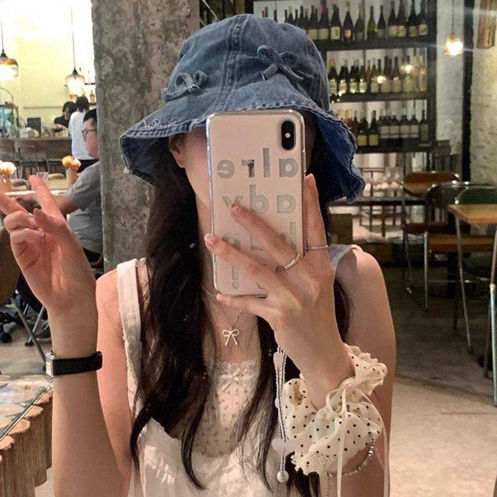 Korean Style Bow Fisherman Hat Sweet Sunscreen Hat Fashion Denim Bucket Hats  For Women