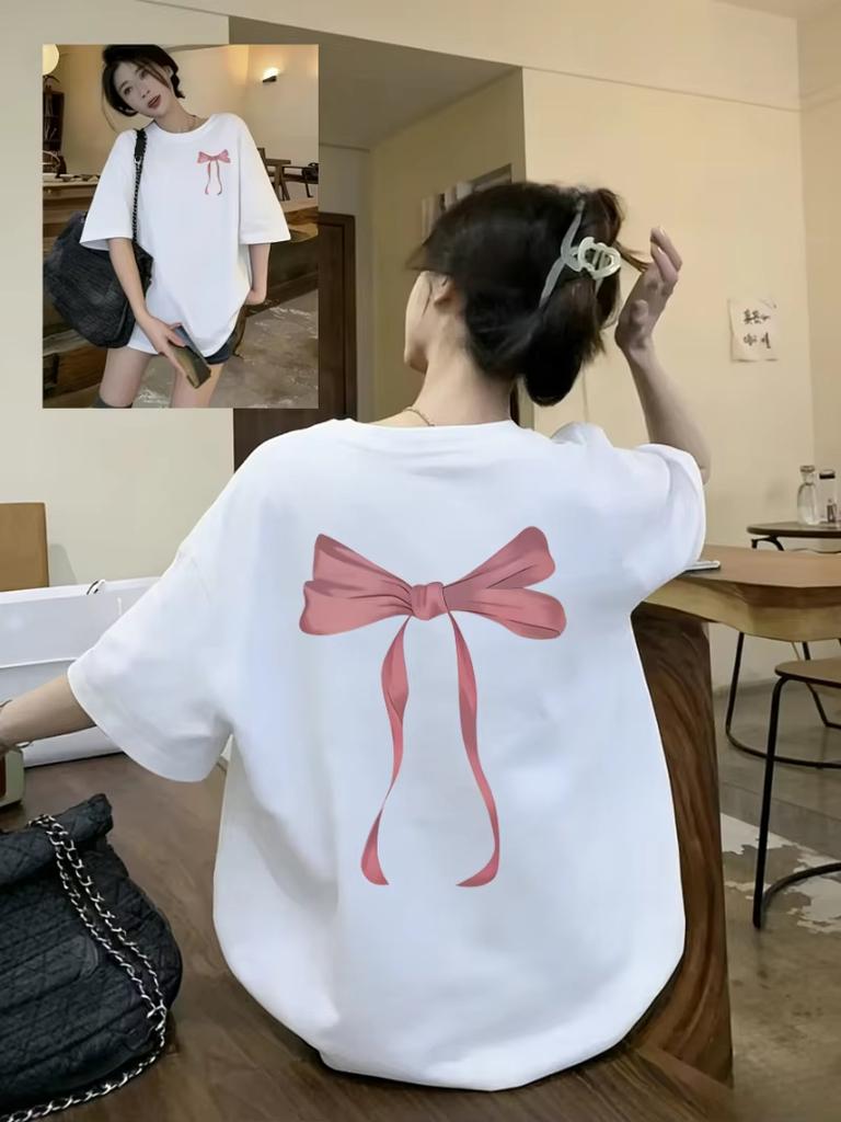 2026 New Bow Print Tshirt Casual Short Sleeve Crew Neck Doublesided Bowknot Design Summer Soft Daily Wear