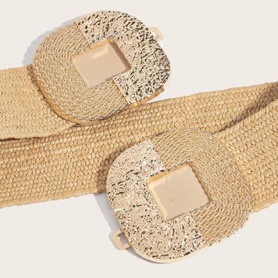 Weaving Waist Belt for Women Straw Weaving Braided Dress Belt with Gold Buckle