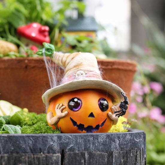 Halloween Pumpkin Ornament Spooky Resin Pumpkin Statue with Hat Spider Skull for Halloween Home Tabletop Decor