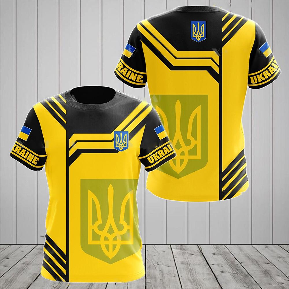 ETST 011 UKRAINE Heren T-shirt Zomer Korte Mouw Oekra&iuml;ne Nationaal Embleem Vlag Print Mode Ronde Hals Pullover Shirt Herenkleding S