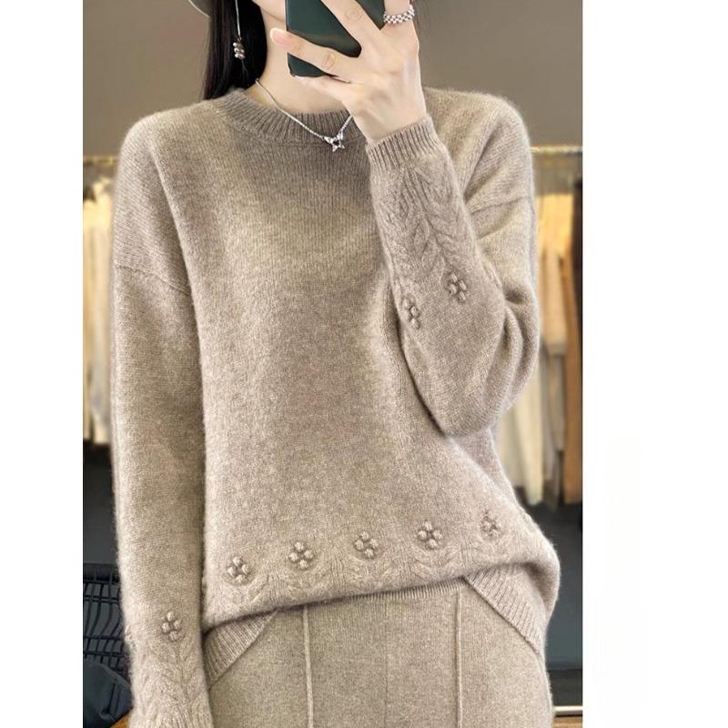 Rundhals Langermet genser Dame Løs Aldersreduksjon Jacquard-bunnskjorte Uformell Allsidig Overdeler Høst og Vinter