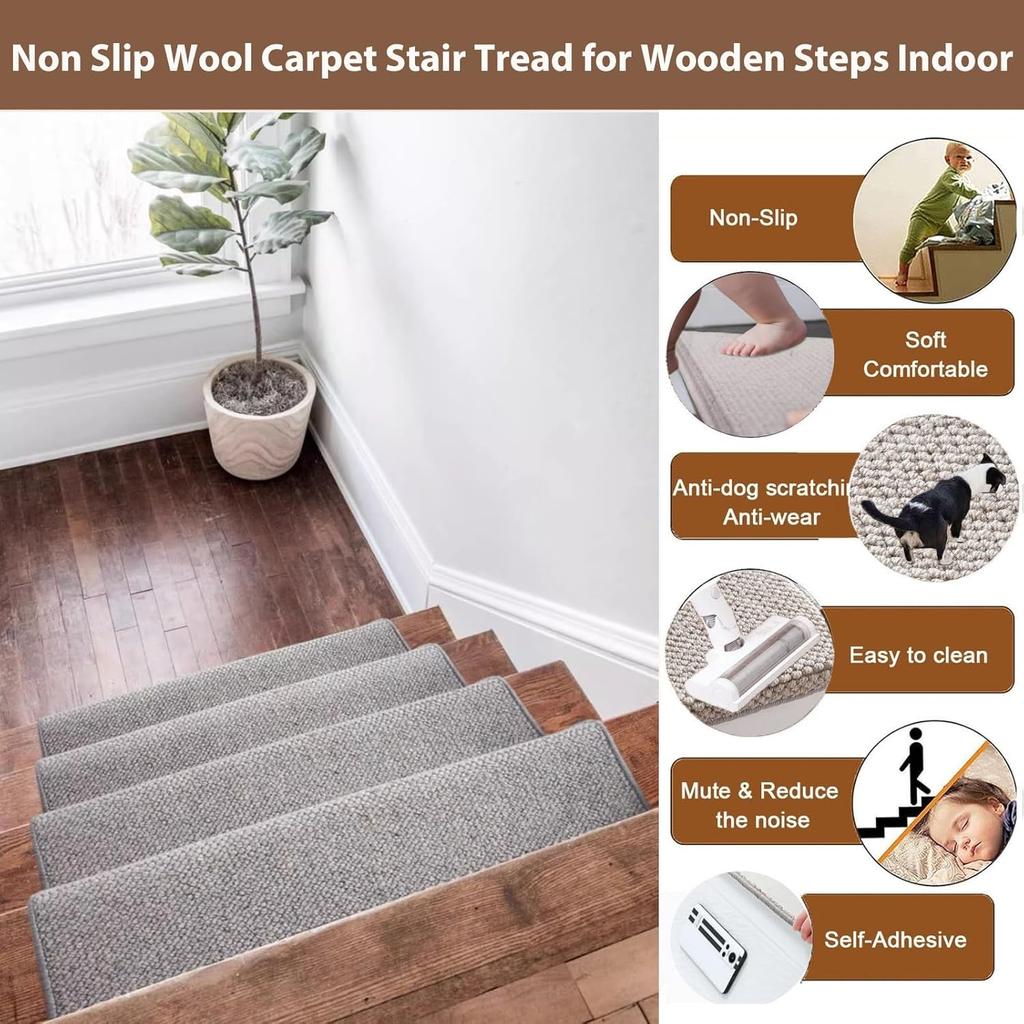 Khaki wool non-slip stair step mat self-adhesive indoor wooden ladder protection mat soft and comfortable washable pet-friendly carpet mat 3-Piece