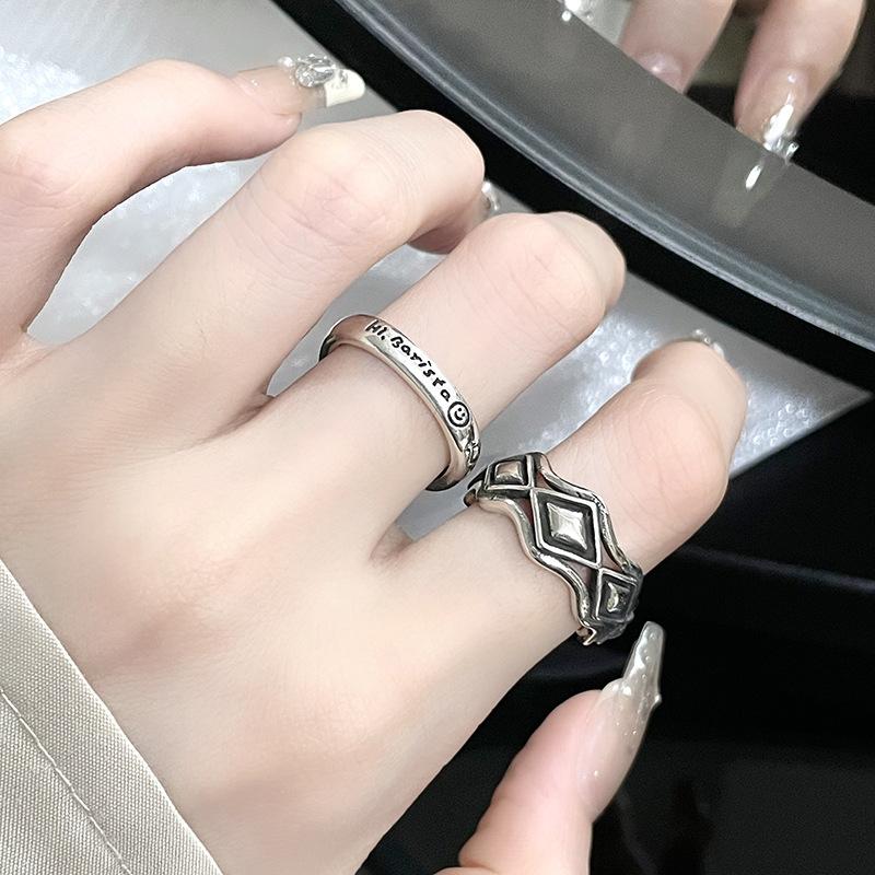 Cold Wind Personality Fashion Retro Retro Rhombus Niche Design Stacked Wearing Opening Adjustable Ring