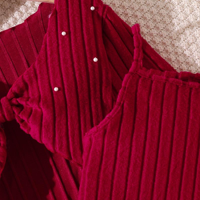 Big Girl Autumn Winter New Knitted Long Sleeve Beaded Blouse Strap Dress Set