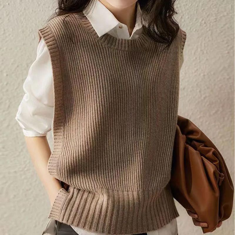 Gilet da Donna Lavorato a Maglia Oversize Canottiera Senza Maniche Top Maglione Largo Gilet Monocolore Casual Scollo Tondo