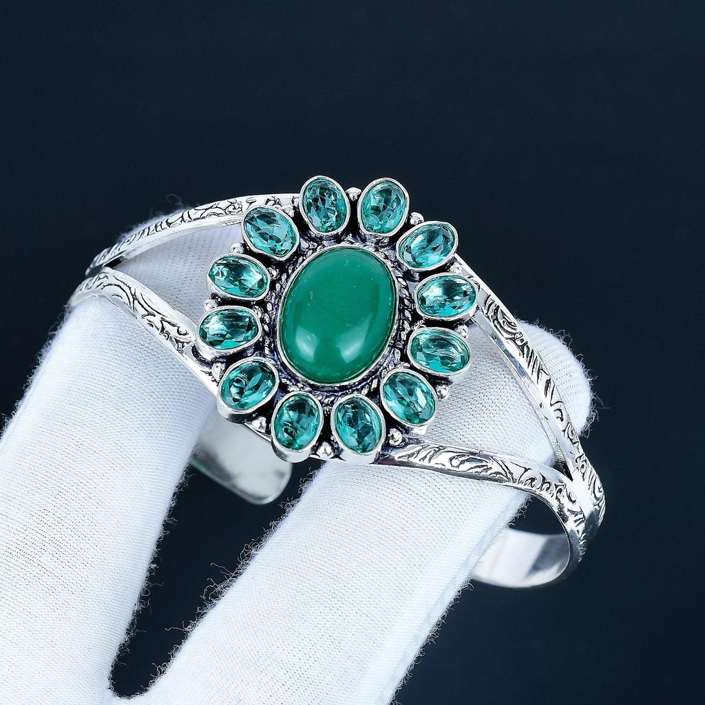 Green Onyx Gemstone Handmade Cuff Bangle 925 Sterling Silver Cuff Bangle, indicolite Flower Shape Bracelet For Wife, Unisex Bangle, Wife Gift