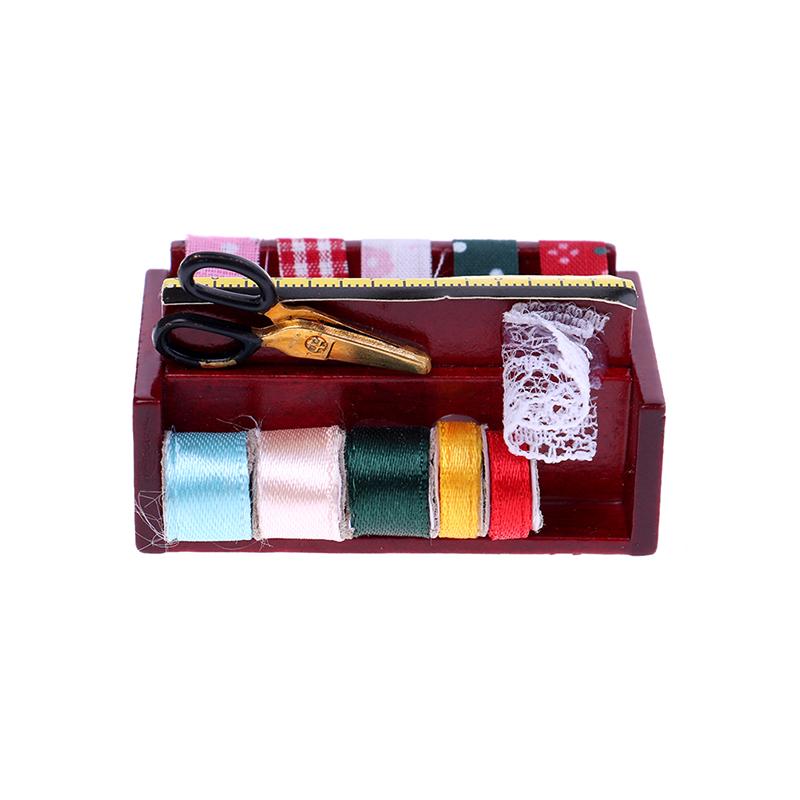 

1:12 Dollhouse miniature sewing room ribbon cloth spools trim scissors shelf
