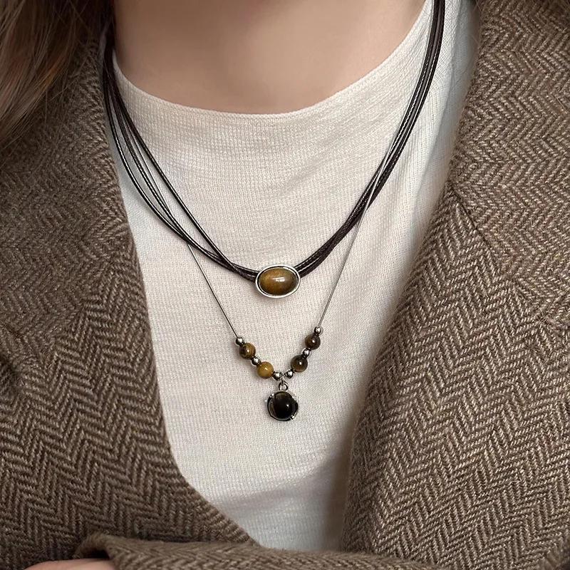 Natur Tigerauge Stein Anhänger & Halsketten für Damen Hohe Qualität Natürliche Perlen Geflochtene Halsketten Herren Mode Kordelkette Geschenke