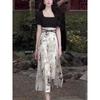 Elegant Summer Guochao Ink Print Dress: Women's Waist-Cinched, Slimming Mid-Length Skirt