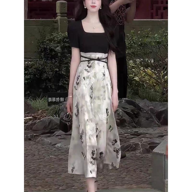 Elegant Summer Guochao Ink Print Dress: Women's Waist-Cinched, Slimming Mid-Length Skirt