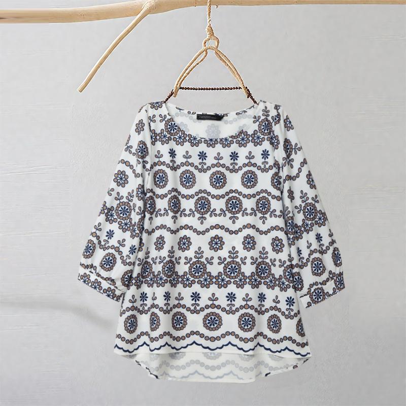 

ZANZEA Женская повседневная блузка с круглым вырезом, рукавами 3/4, свободного кроя, с цветочным принтом 5XL тёмно-синий