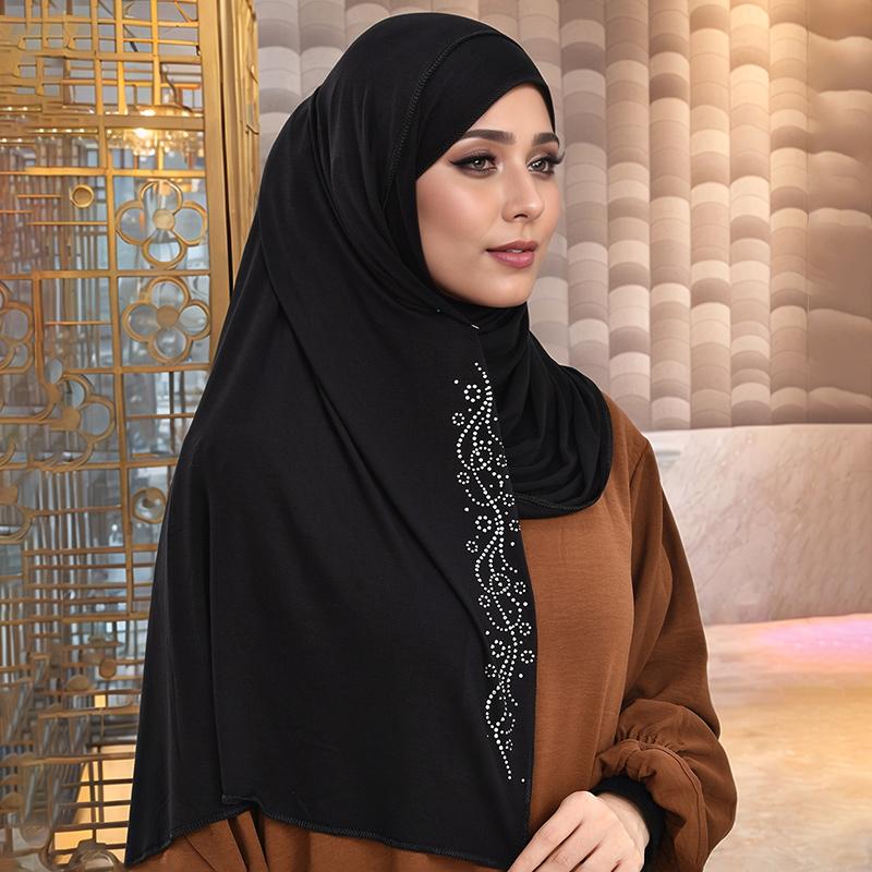 Premium Cotton Jersey Instant Hijab With Rhinestones Double Loop Muslim Headwrap Islamic Headscarf Scarf Islamic Headband Turban