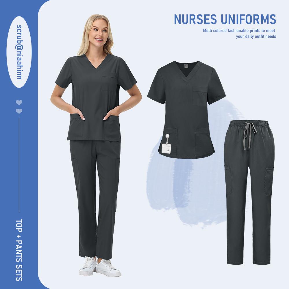 Nursing Surgical Uniforms Woman V-Neck Short Sleeved Uniform Scrub Sets Wholesale Lab Beauty Salon Workwear Pet Doctor Nurse Set