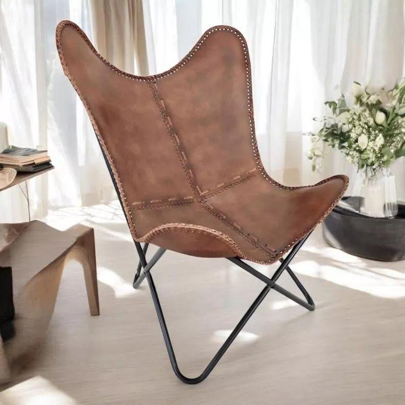 Handmade leather butterfly chair Leather accent chair living room chair