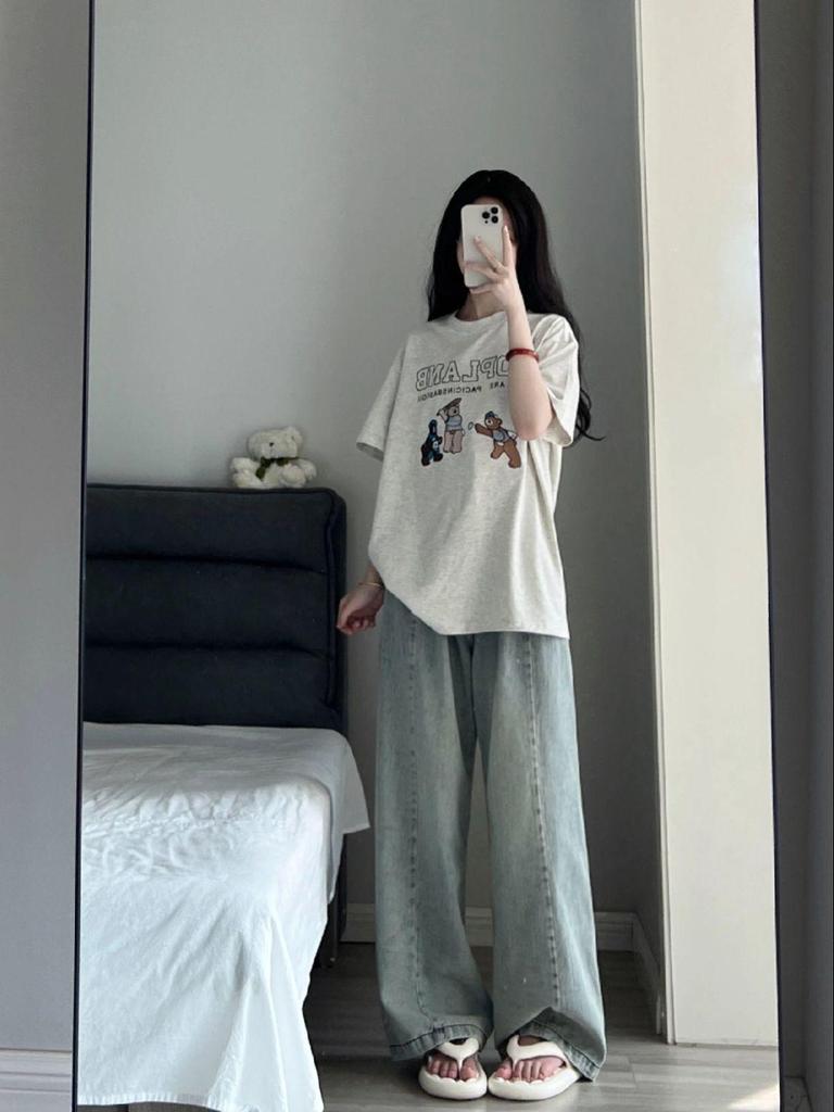 High-Waist Retro Drape Jeans for Women - Petite Loose Straight Wide-Leg Pants, Perfect for Spring & Autumn.