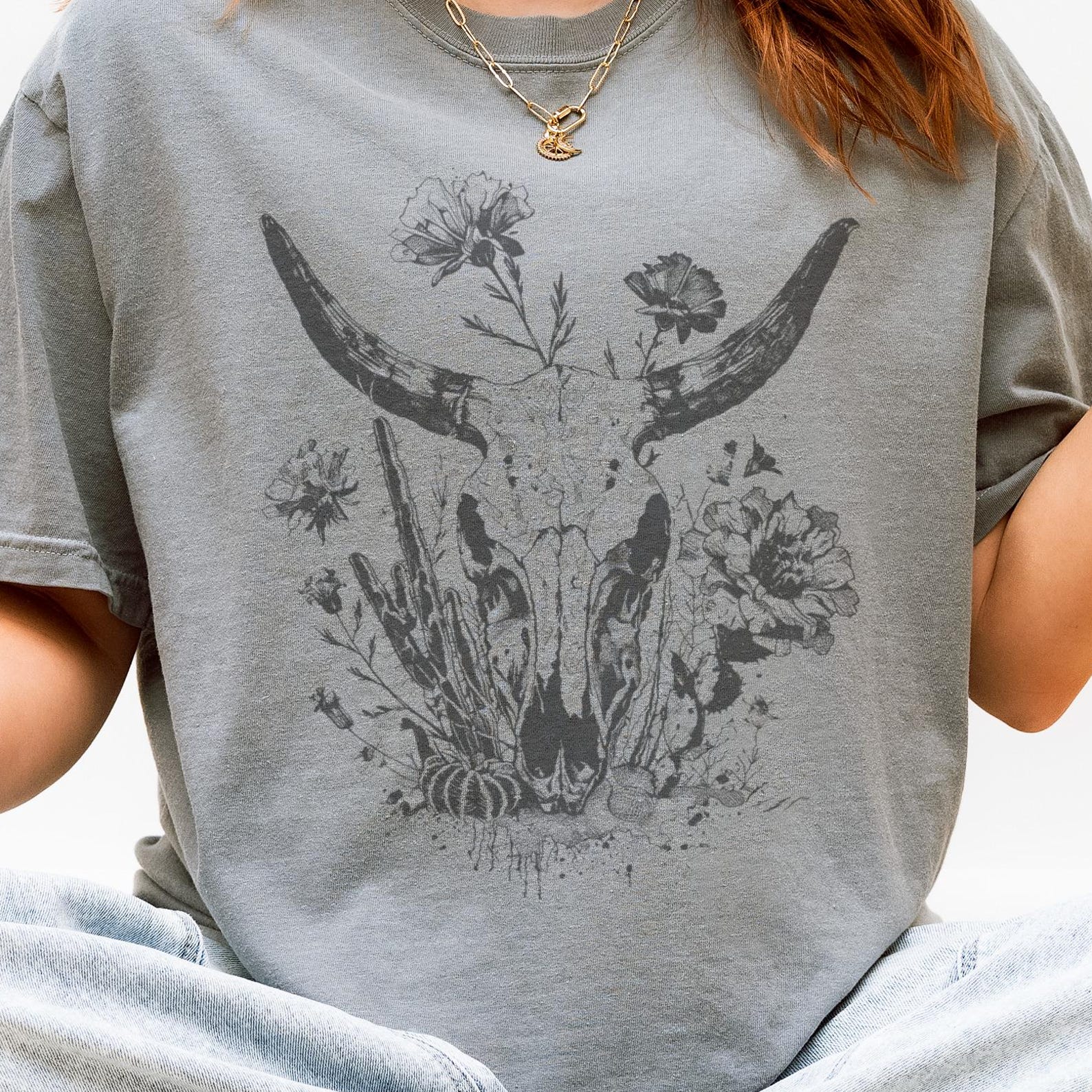 Cow Skull Desert Flowers T-Shirt, Unisex Boho Graphic Tee 150