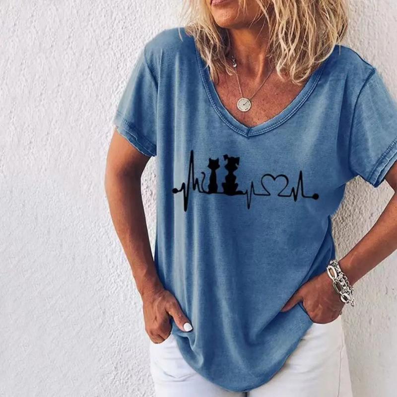 Summer V-neck 3D Cute Cat Printed Top Fashionable Casual Short Sleeved Women's T-shirts