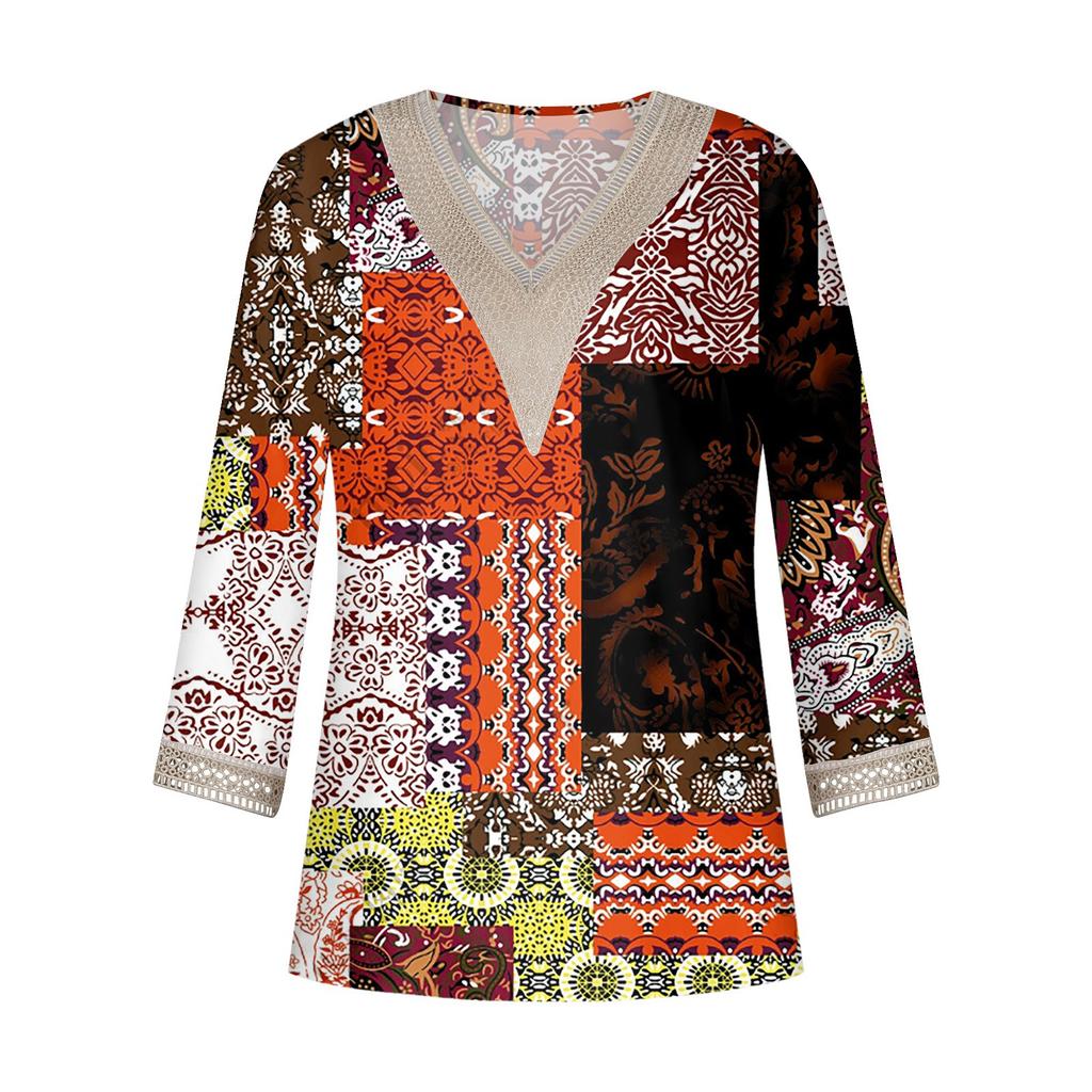 Damen Hemdbluse, lässig, lockere Hemden, 3/4-Ärmel, Spitzenbesatz, Aufdruck, V-Ausschnitt, Oberteile, bedruckte Oberteile, T-Shirts, T-Shirt