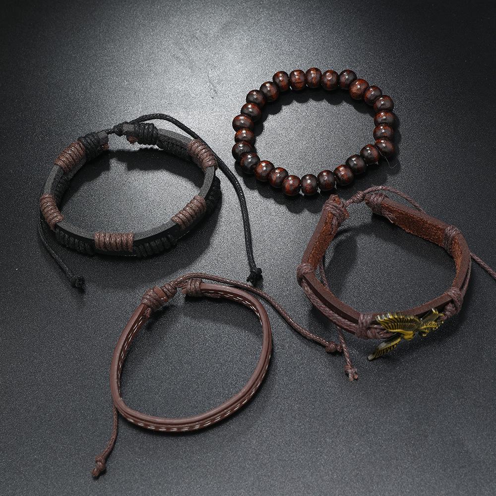 Hip Hop Trend Wood Bead Bracelet PU Leather Eagle Alloy DIY Bracelet 4-piece Set Hand-woven Multi-layer Leather Bracelet