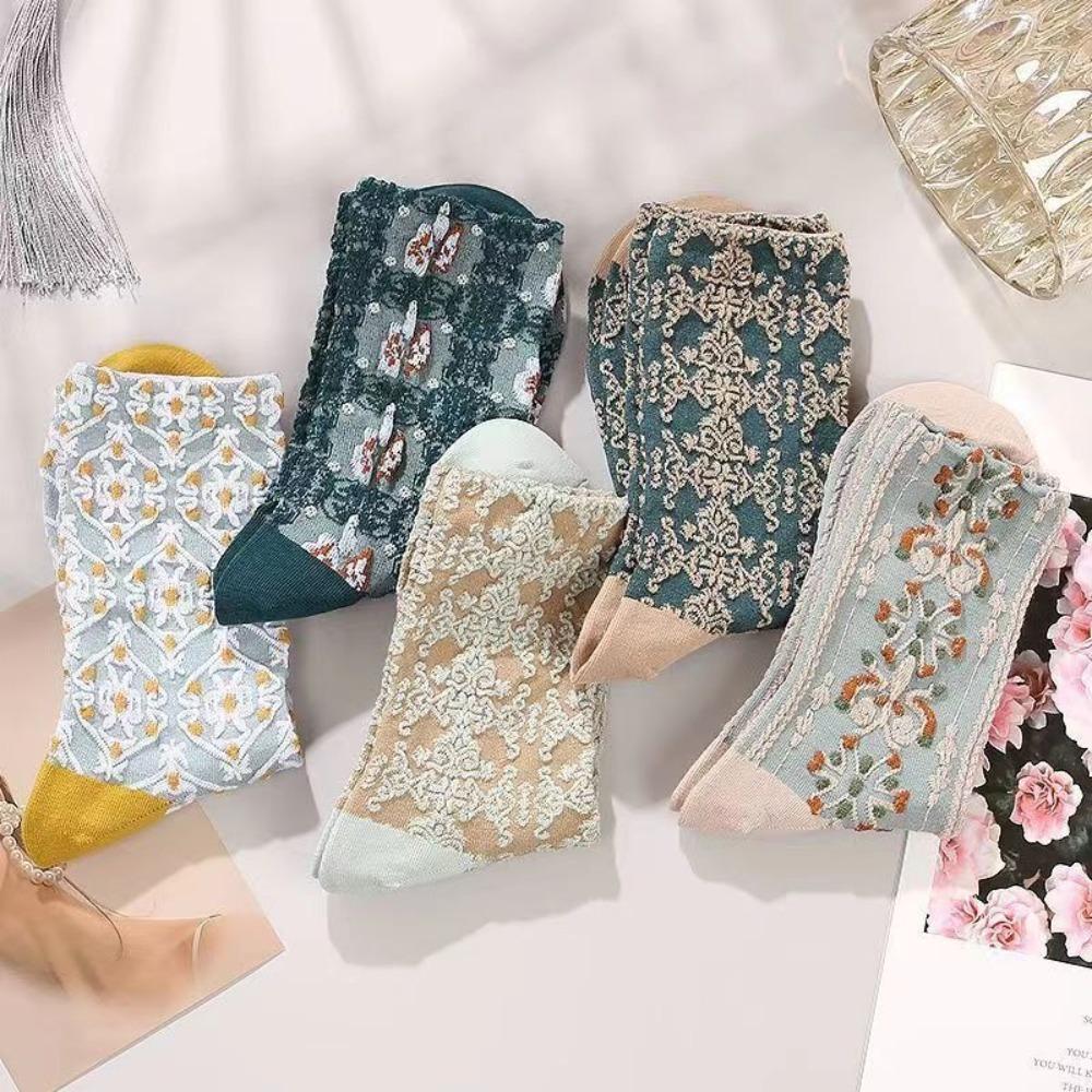 5 Pairs Flower Design Retro Cotton Socks Cotton Material Medium Length Sock  Spring Summer