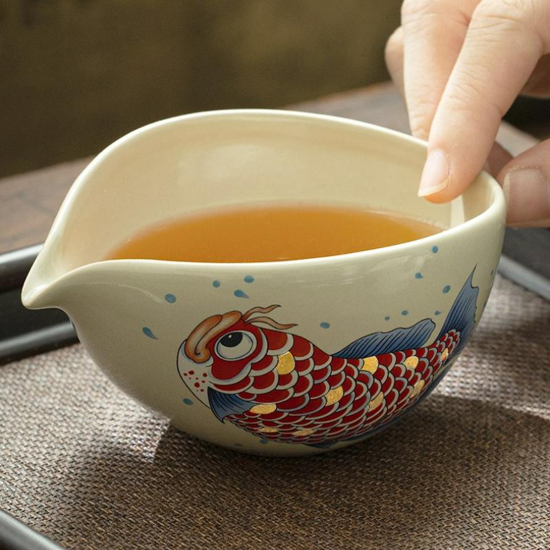 Chinese Arowana Ceramic Household Teacup Tea Set Accessories Guifu Carp Coaster Chawan Bowl Retro Kung Fu Kitchen Tools Tea Set