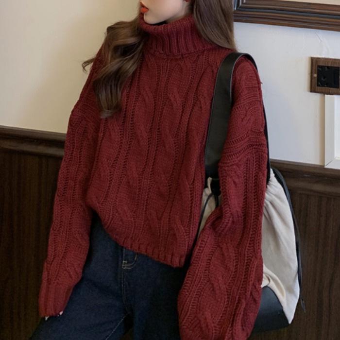 2024 Autumn/Winter Korean Style High Neck Cable Knit Pullover - Loose Fit for Students, Trendy and Lazy Style